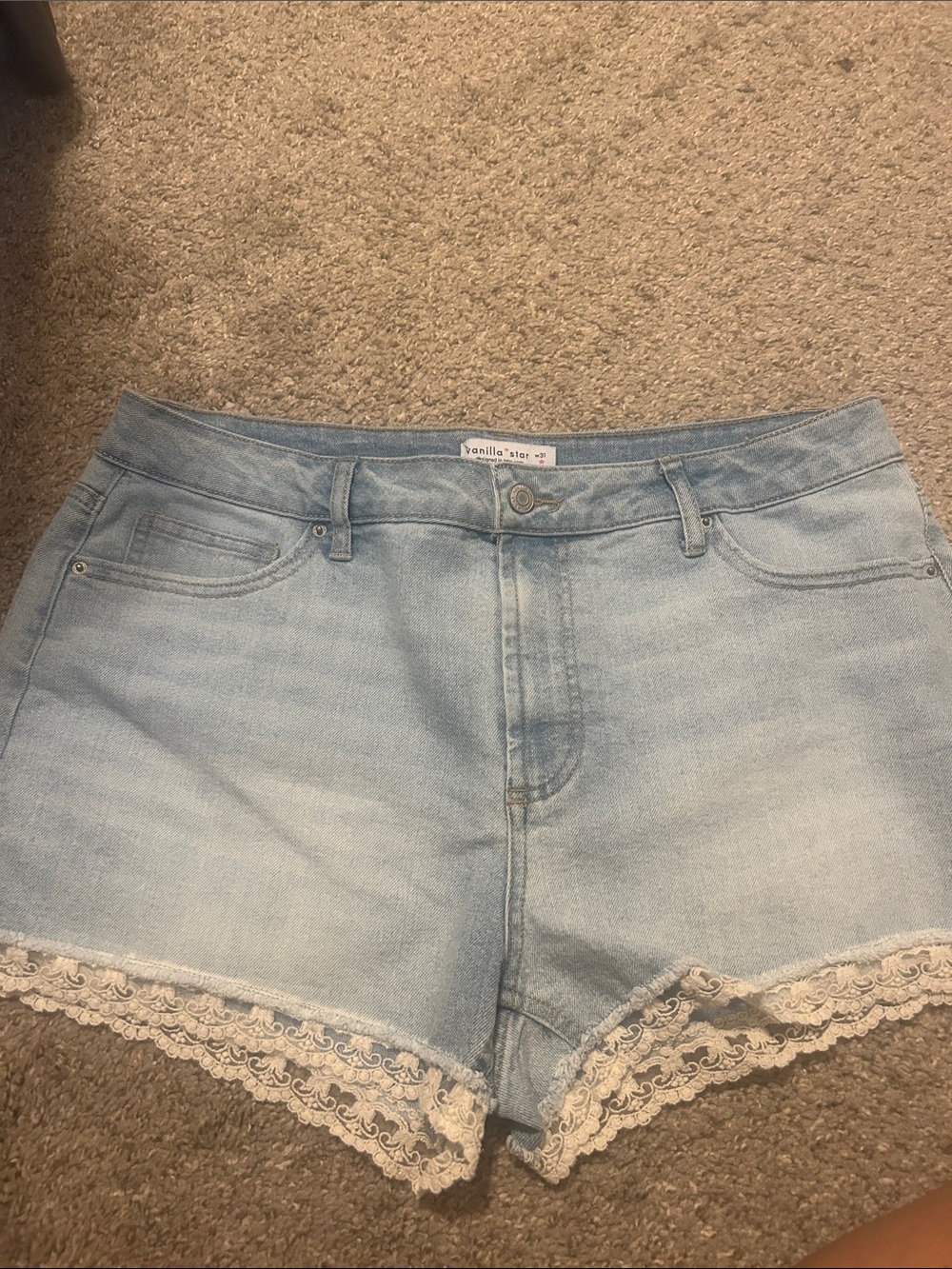Vanilla Star Light Blue Denim Shorts with White Lace Hem